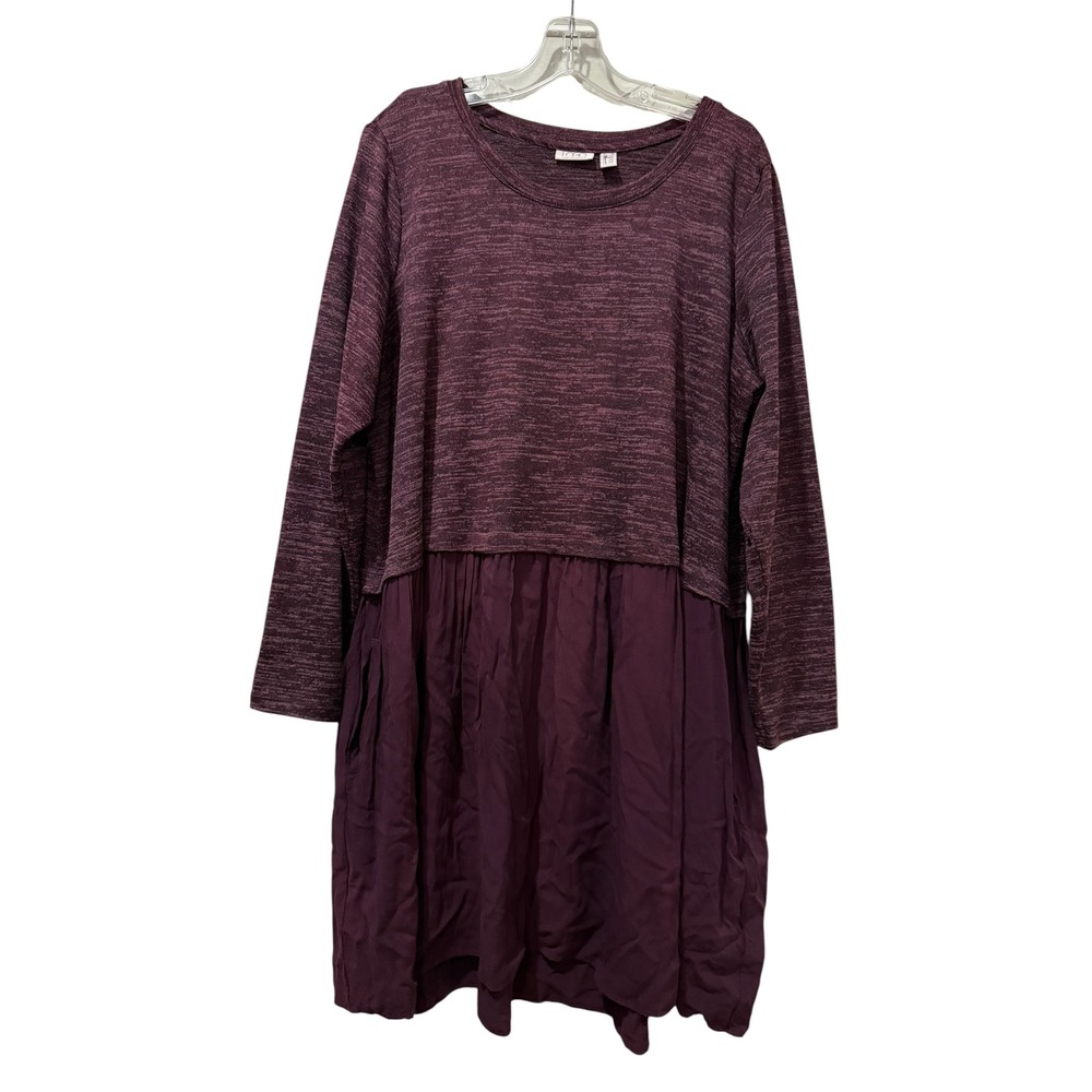 LOGO Lori Goldstein Womens 1X Plum Purple Mixed Media Knit Rayon Tiered Dress